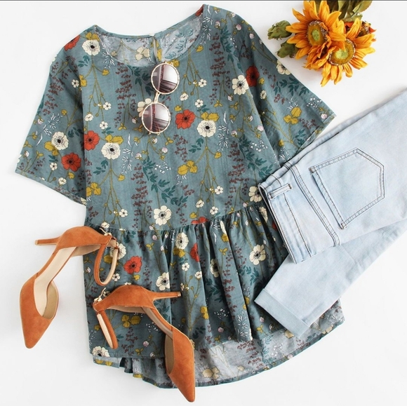 Fashion Classics Botanical Print Keyhole Back Dip Hem Peplum Smock Blouse - Picture 1 of 7